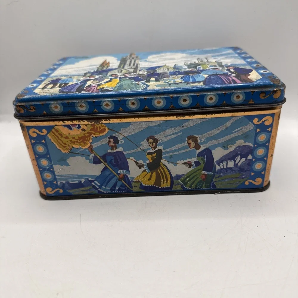 Old French Metal Tin Sur La Place De Pleyben Vibrant Colors 7x5